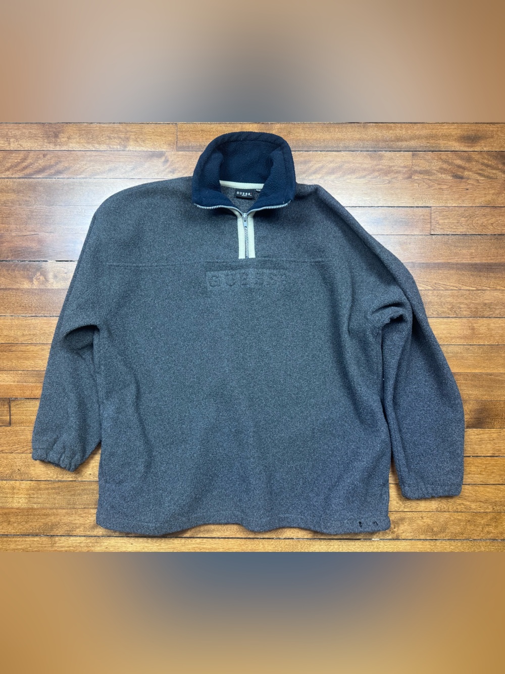 Vintage 1990s Guess American Tradition Men's Dark Gray Half-Zip Fleece Size Med